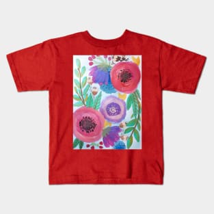 Watercolor red and purple flowers and leaves Kids T-Shirt